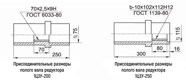 Размеры валов редуктора 1Ц3У-200, которые изготавливаются в виде цилиндра