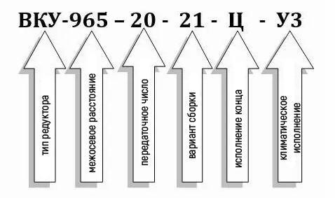 Пример условного обозначения редуктора ВКУ-965М-20