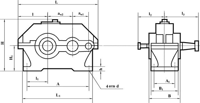 Схема габаритных и присоединительных размеров редуктора 1Ц2У