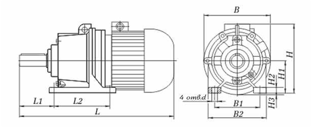 Присоединительные и габаритные размеры мотор-редуктора 4МП на лапах