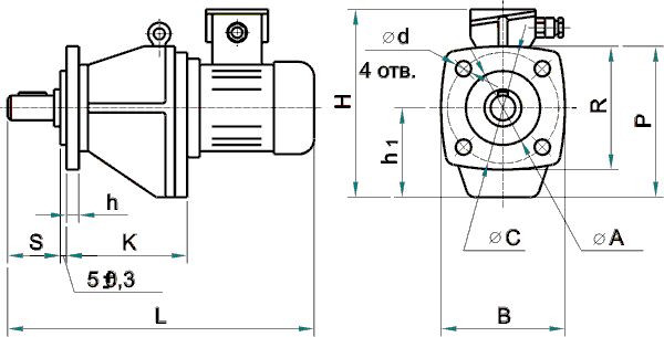 Габаритные и присоединительные размеры мотор-редуктора МЦ2С на фланце