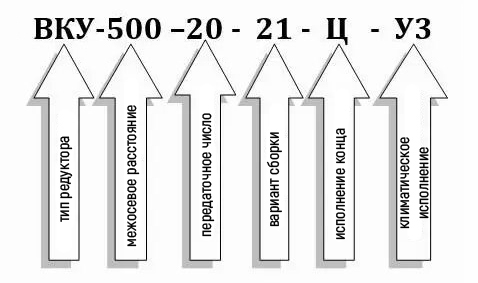 Пример условного обозначения редуктора ВКУ-500М-20 Пример условного обозначения редуктора ВКУ-500М-20