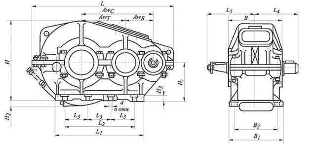 Схема габаритных и присоединительных размеров редуктора РМ-250 купить